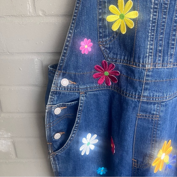 80s 90s Classic Old Navy Blue Jean Overalls Floral Patches XS - Picture 7 of 15